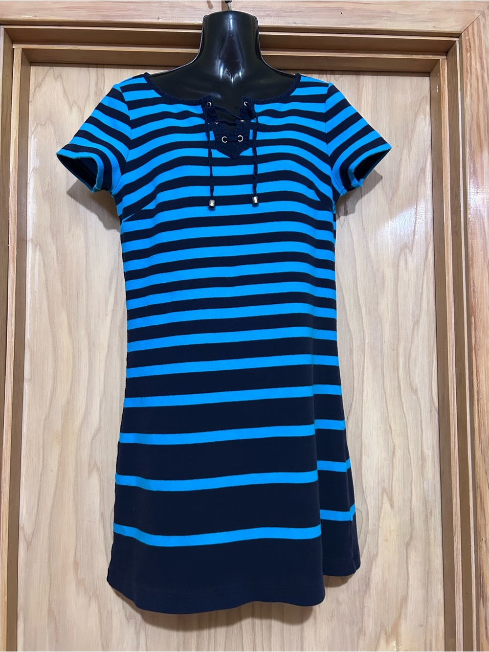 Talbots Teal & Navy Striped Lace-Up Short Sleeve Mini Dress